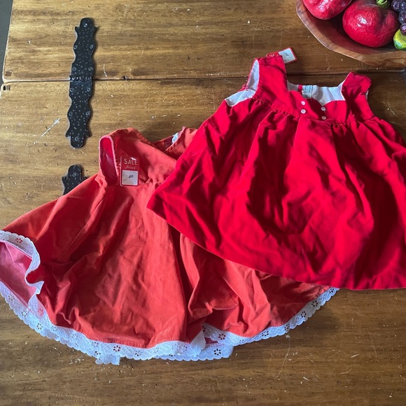 Vintage 70s 80s Lot Of 2 Baby Girl Cotton Velvet Dresses Red Orange 24 Mo 2T - Picture 1 of 10